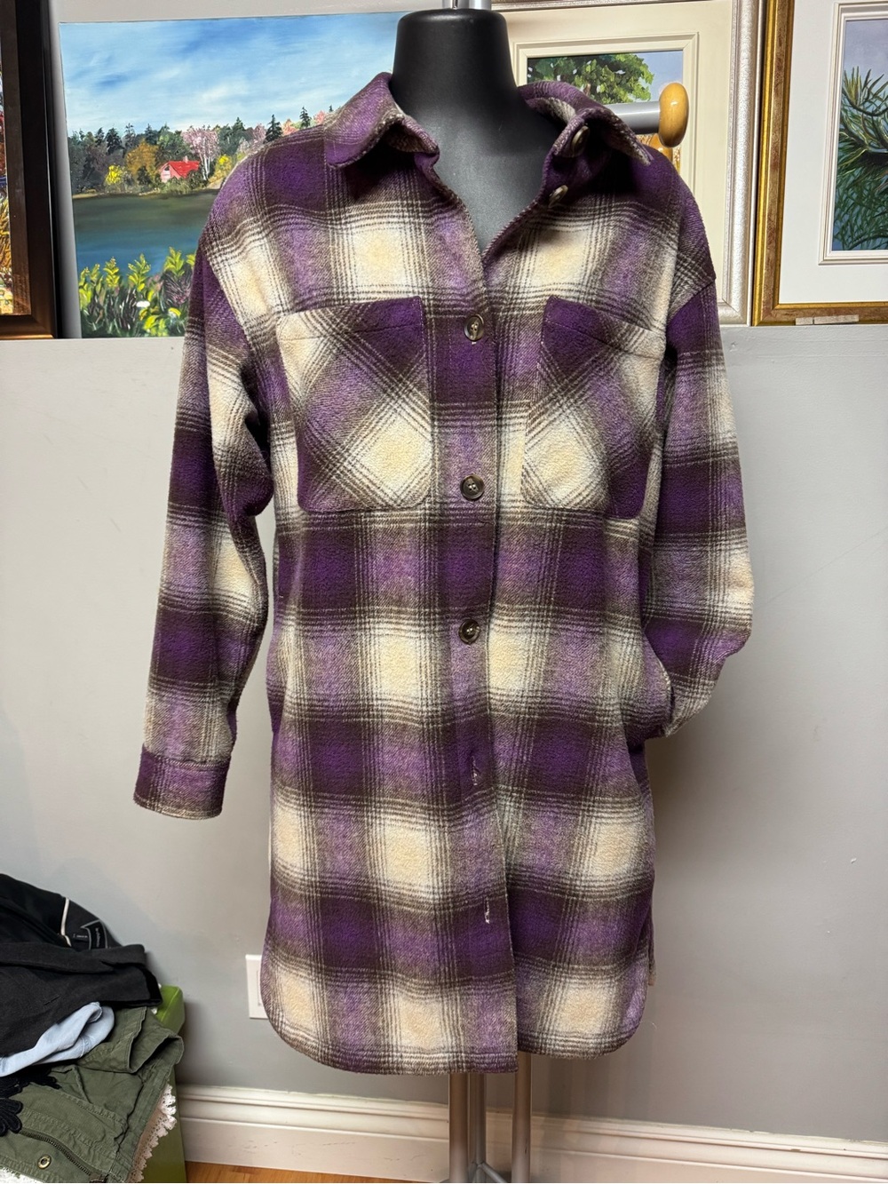 Purple & Cream Plaid Button-Up Shacket . Like new condition . Fits like small